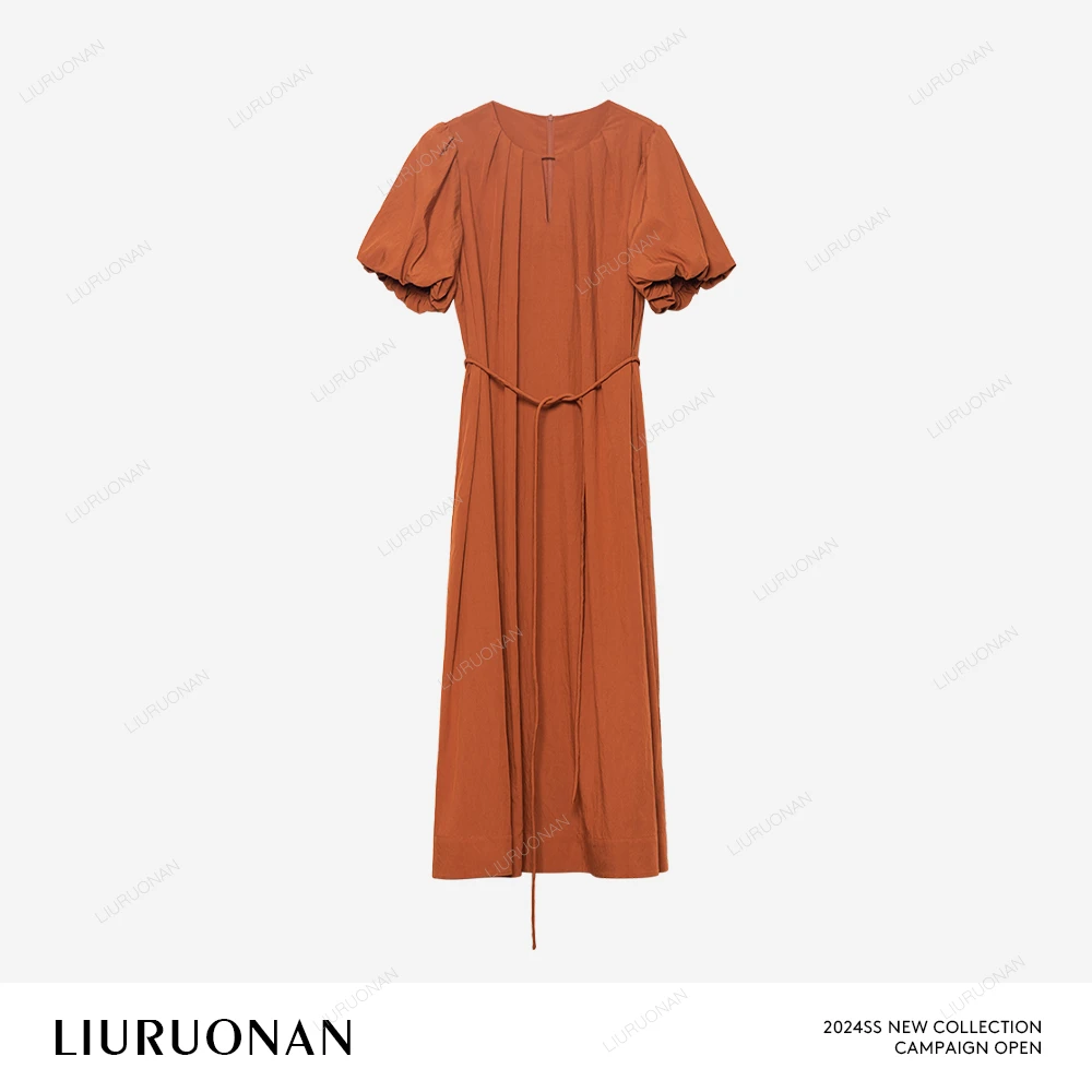 LIURUONAN 24SS 显白提气色的橘色圆领短袖连衣裙可收腰长裙
