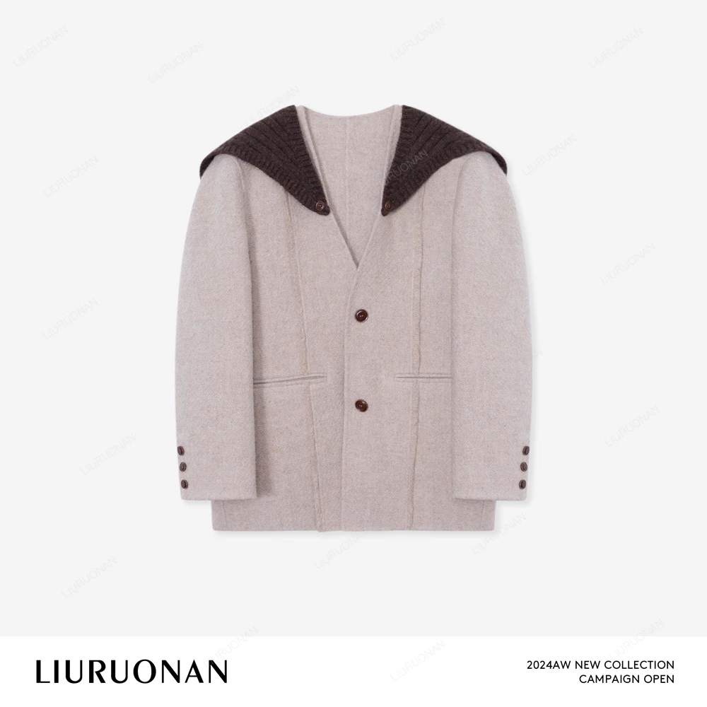 LIURUONAN 24AW【披肩外套】俩粒扣保暖无领西装外套女/披肩可拆