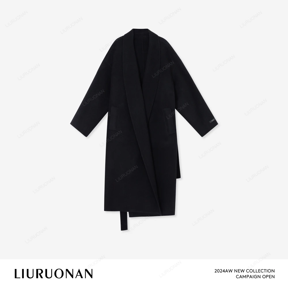 LIURUONAN 24AW 青果领毛呢大衣女黑色廓形长款100羊毛外套