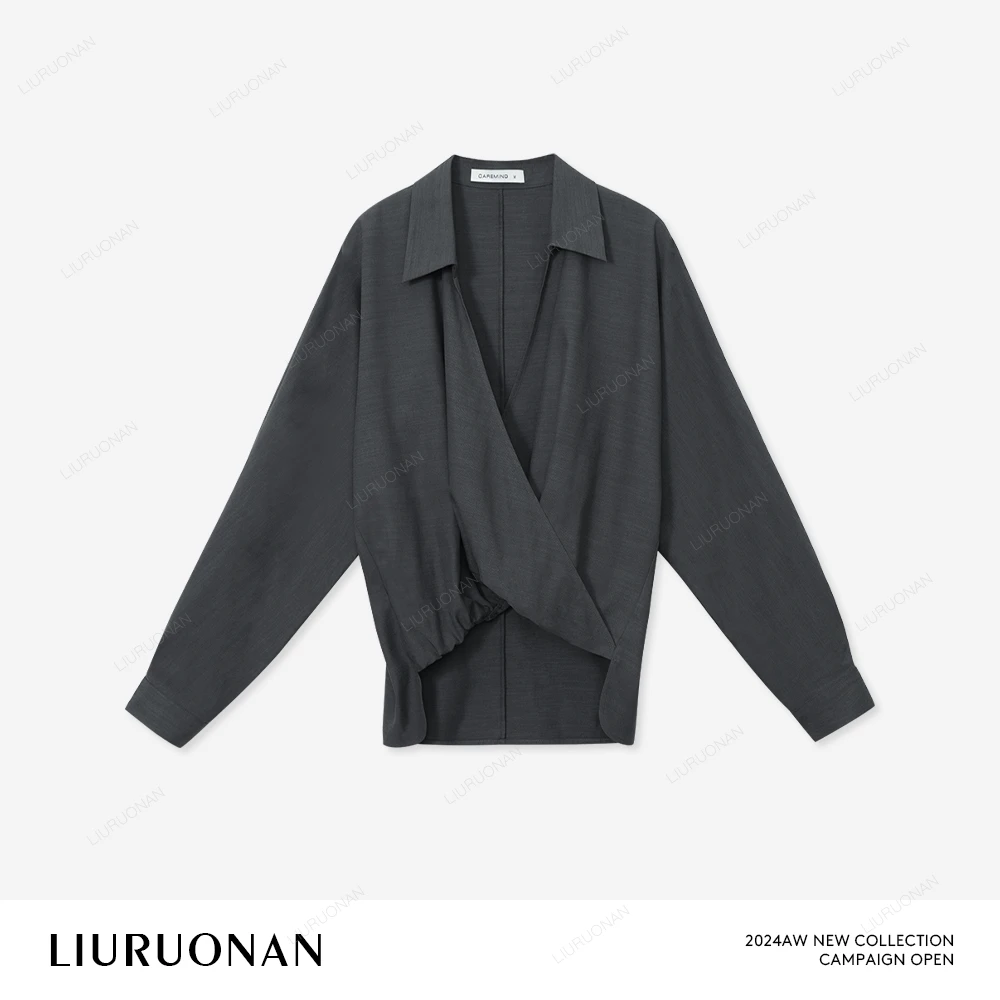 LIURUONAN 24AW 翻领深V叠片设计感衬衫女秋自带束穿效果长袖衬衣