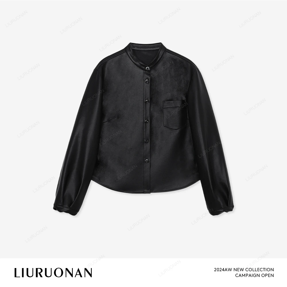 LIURUONAN 24AW 袖口扭圈设计皮衬衫女纯色短款黑色小立领皮衬衣