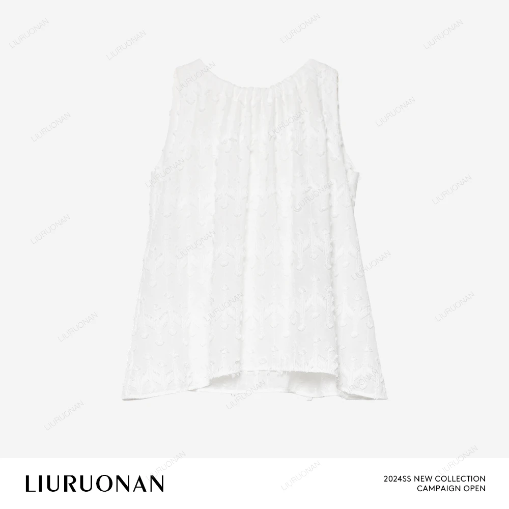 LIURUONAN 24SS 重工提花浮雕刺绣白色无袖挂脖上衣女夏新款