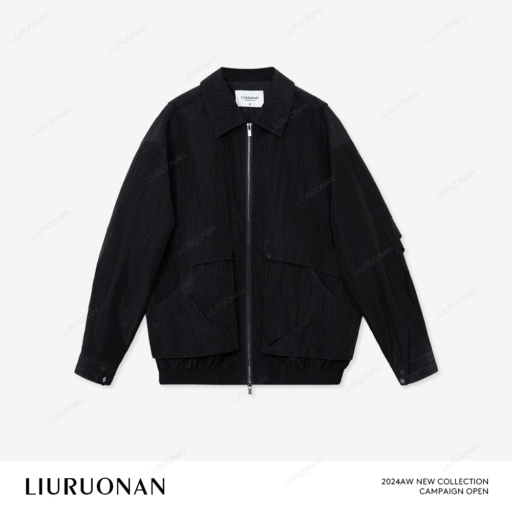 LIURUONAN 24AW 翻领双拉链夹克黑棒球服女长袖宽松纯色外套上衣