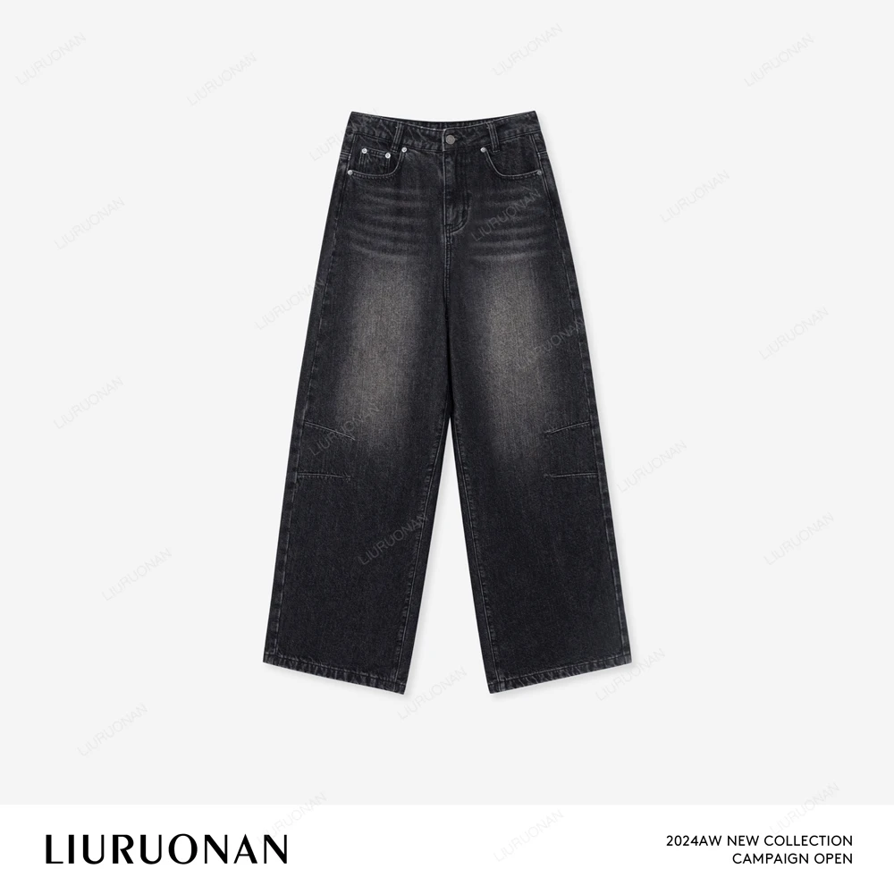 LIURUONAN 24AW 【虎眼黑牛仔】纯棉黑咖牛仔裤高腰阔腿显瘦长裤子