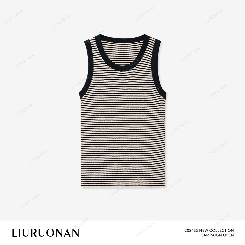LIURUONAN 24SS 横条纹撞色针织背心夏季无袖通勤打底衫圆领上衣