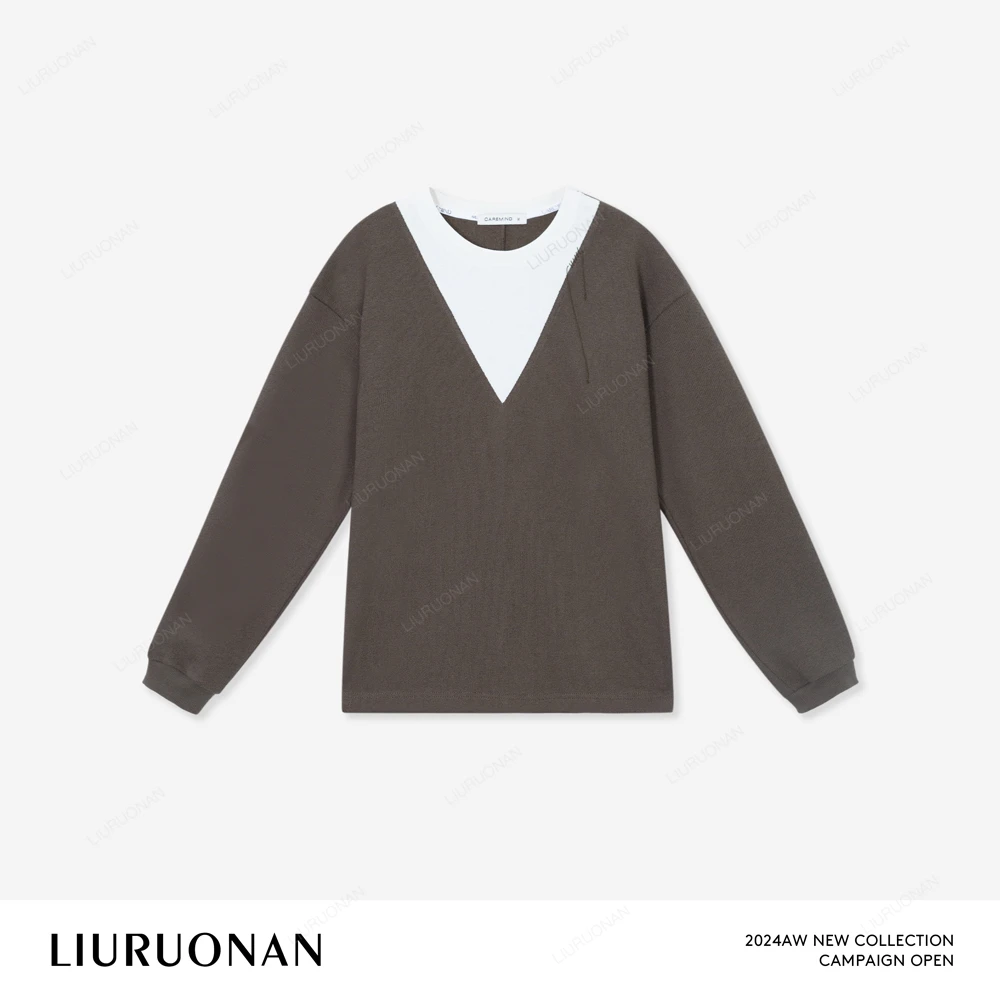 LIURUONAN 24AW【保龄球卫衣】撞色拼接假俩件圆领套头T恤长袖上衣