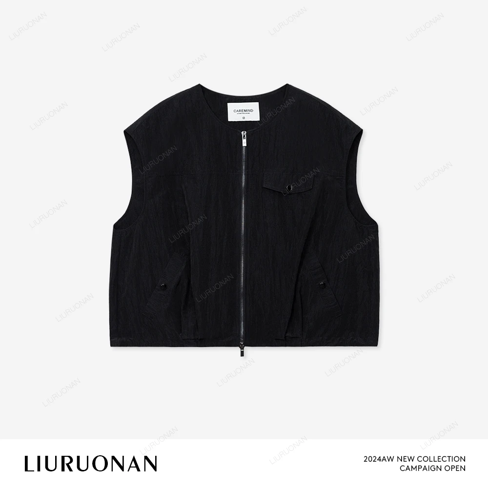 LIURUONAN 24AW 黑色工装马甲女无袖下摆可收缩叠穿拉链背心外套