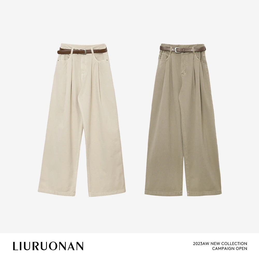 LIURUONAN 23AW 纯色棉质宽松牛仔裤女高腰显瘦百搭直筒裤/配腰带