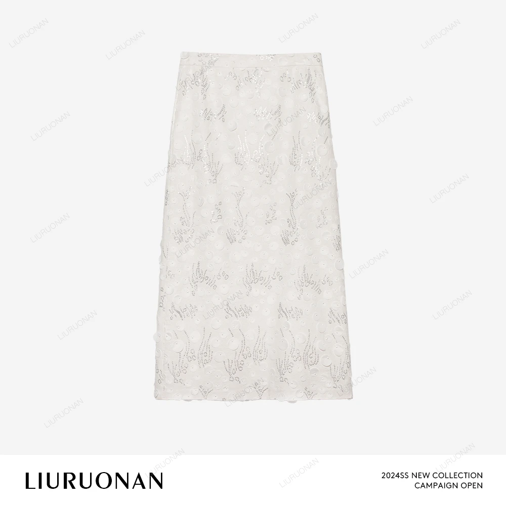 LIURUONAN 24SS 白色亮片棉质直筒半身裙女中高腰设计感裙子