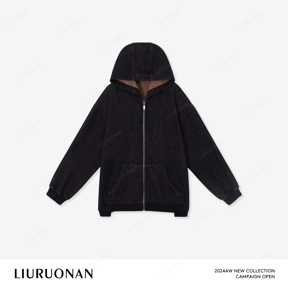 LIURUONAN 24AW【沙粒牛仔卫衣】拉链开衫连帽加绒保暖短外套女