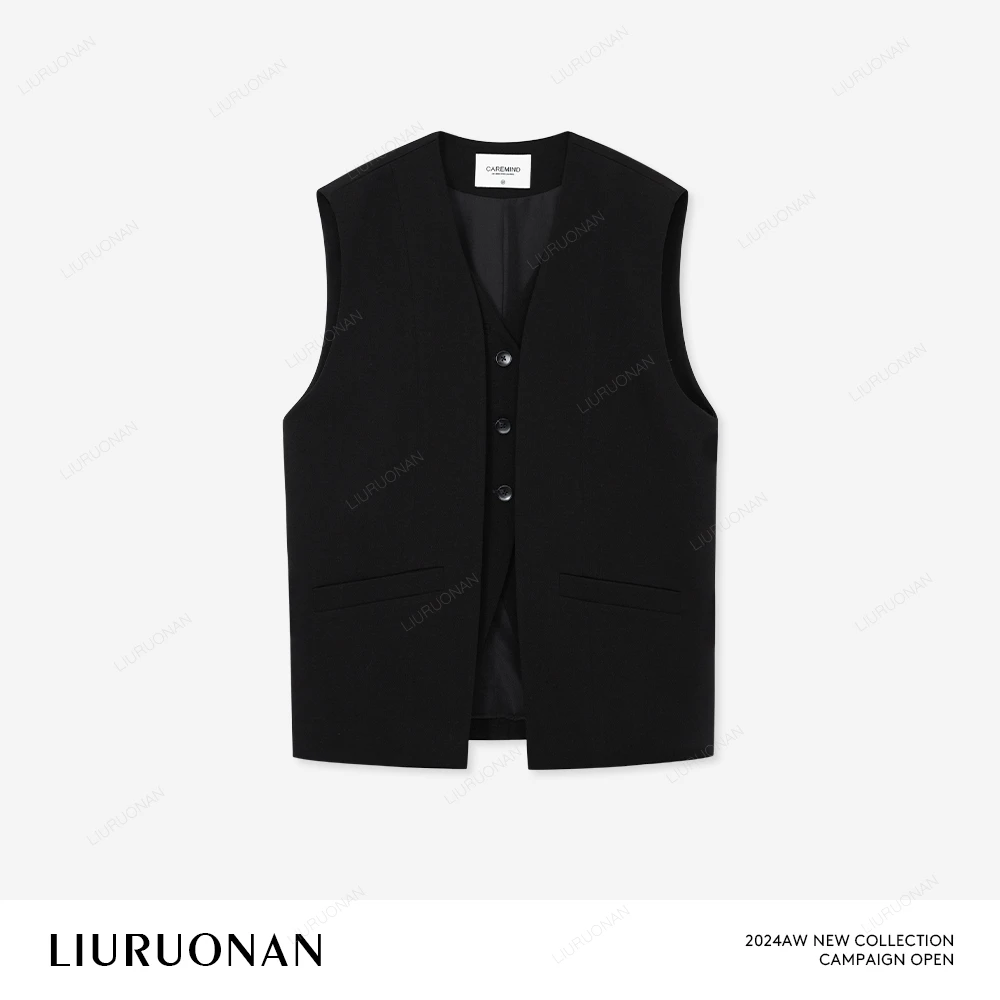 LIURUONAN 24AW 黑色假两件马甲纯色无领西装坎肩外搭宽松上衣