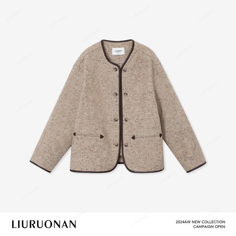 LIURUONAN 24AW 复古撞色线短外套长袖冬季保暖菱形格纹棉衣