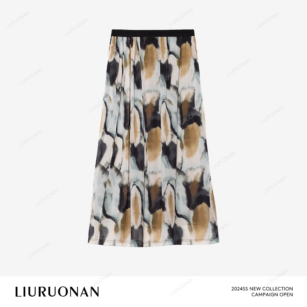 LIURUONAN 24SS 国风水墨晕染半身裙女高腰显瘦中长款花色裙子