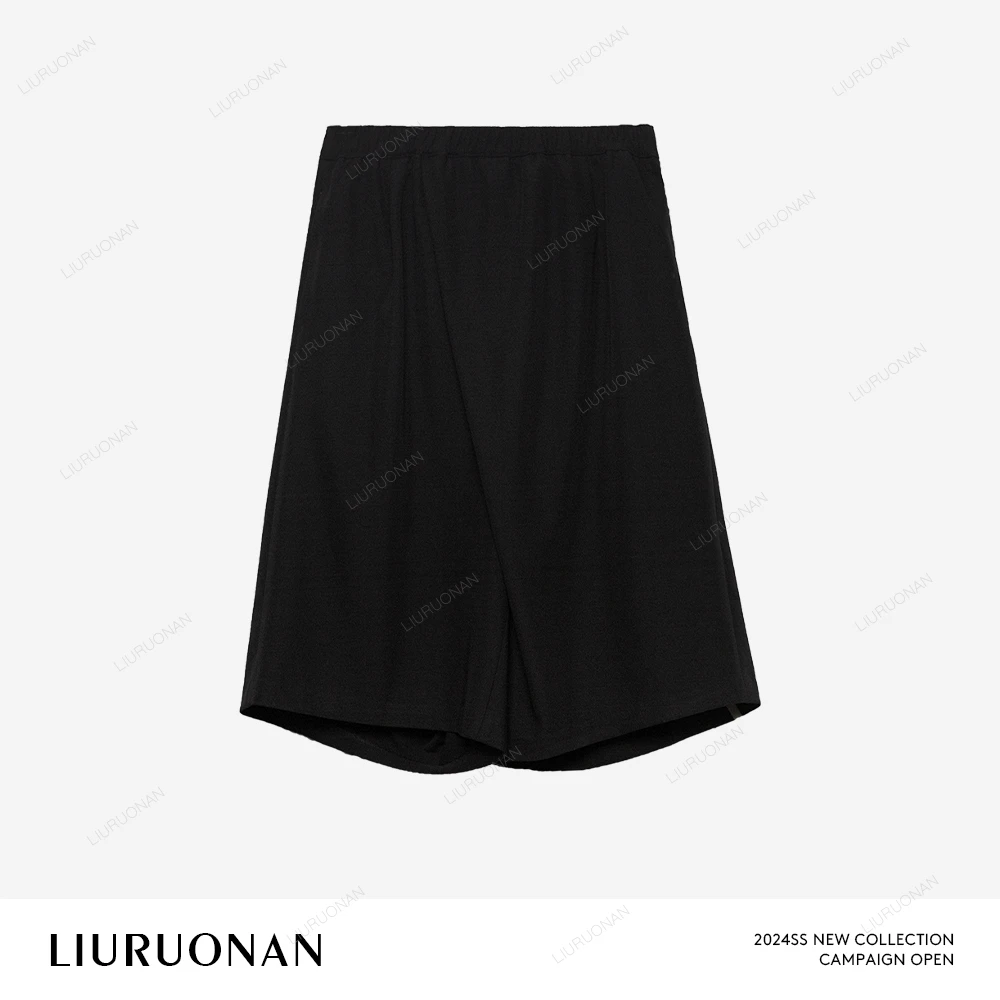 LIURUONAN 24SS  黑色极简设计感五分裤子松紧腰宽松阔腿裤