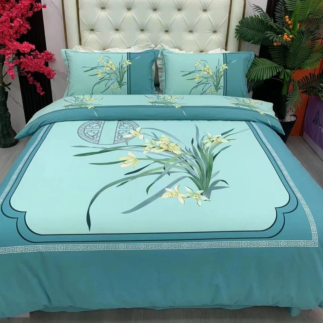 梦丝家纺  纯棉四件套轻奢时尚亲肤印花大版四件套  春江晓景