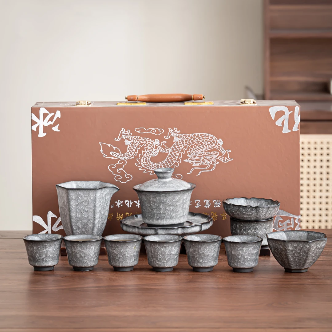 黑冰花釉茶具冰裂釉茶具套装悬停盖碗新中式办公礼品遇水化冰礼盒