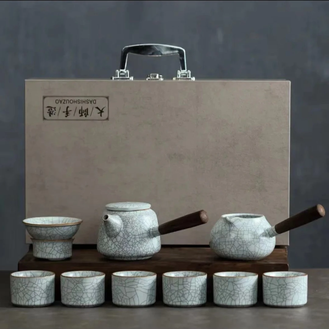 桐煜月白汝窑双侧把茶具套装家用送礼套组茶壶冰裂纹高端可送礼