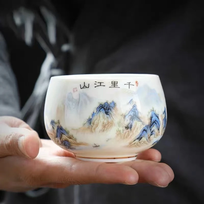 千里江山羊脂玉主人杯单杯高档中国风大号茶盏罗汉杯品茗杯茶杯