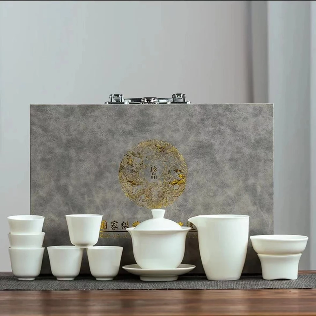 高档陶瓷羊脂玉茶具套装盖碗茶具白瓷家用送礼纯白简约礼盒装11