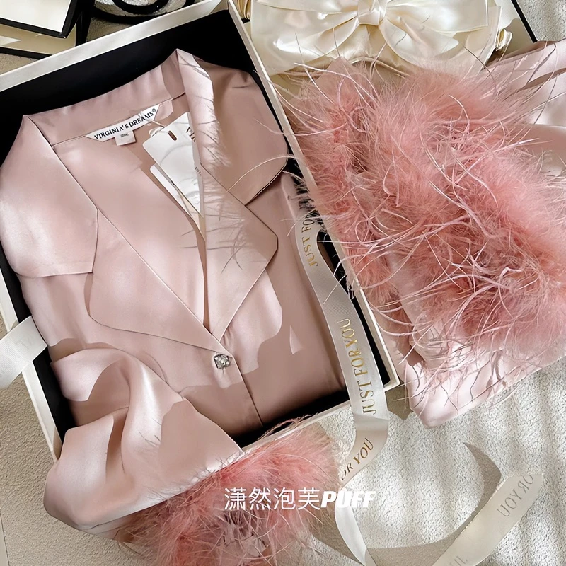 轻奢重工冰丝羽毛秋冬新款缎面睡衣女士长袖家居服高定系列套装