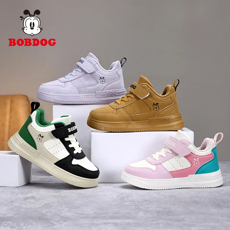 巴布豆女童2025春季新款休闲鞋男童皮面防水跑步鞋中大童防滑板鞋