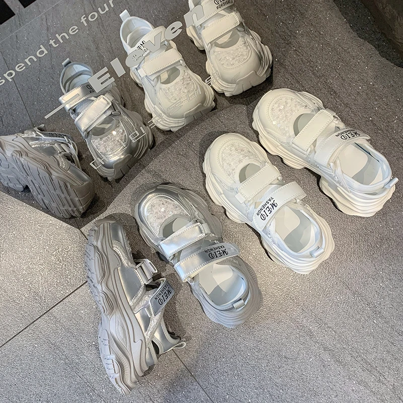 包头凉鞋女2024夏新款镂空透气亮片老爹鞋厚底网面休闲运动洞洞鞋