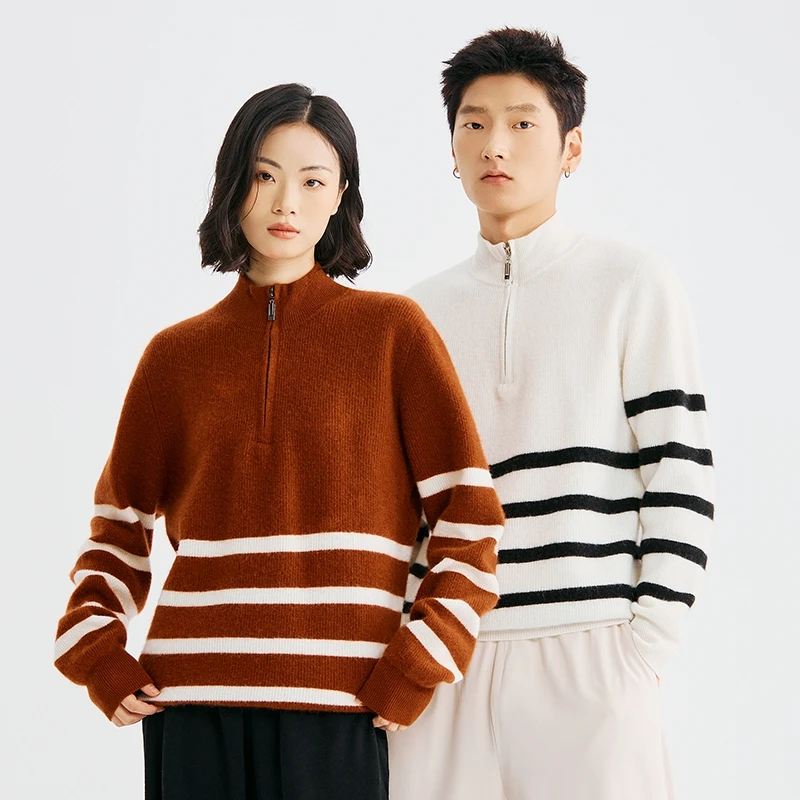 100%纯羊毛男女同款加厚七针元宝针宽松条纹半高拉链内搭情侣装