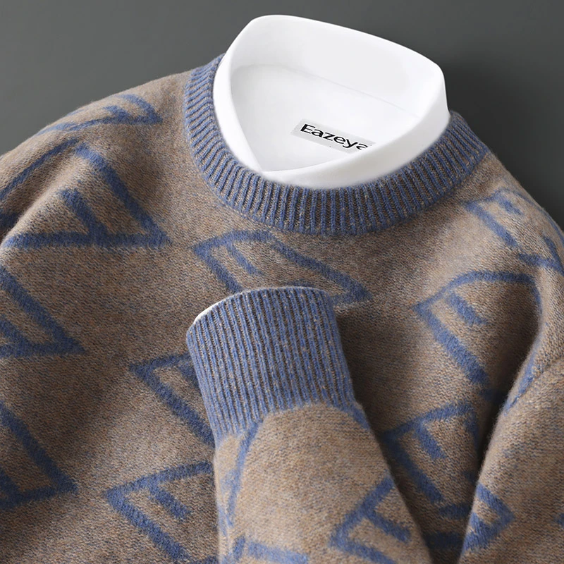 【支持质检】100%纯羊毛秋冬厚款男圆领套头提花羊毛打底衫宽松毛衣