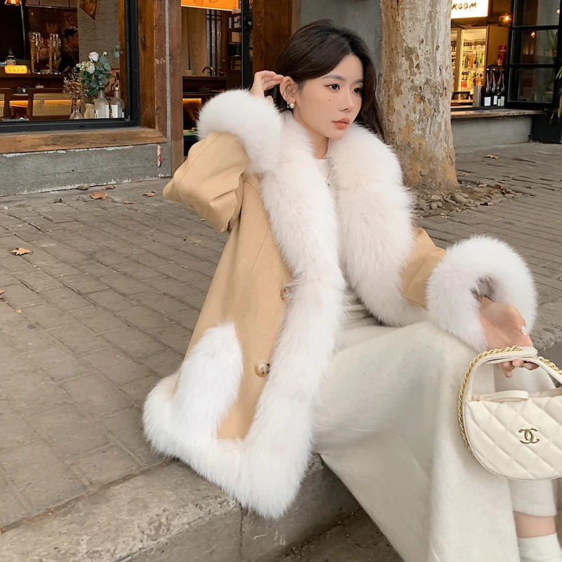 超大狐狸毛领皮草外套女短款麂皮绒鹅绒内胆羽绒服2024新款23103