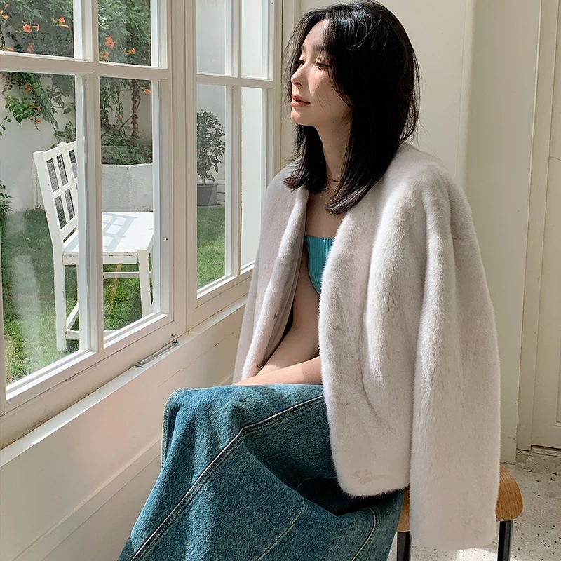 UPFURS进口水貂皮草外套女短款紫标天鹅绒貂皮大衣2025韩版23024