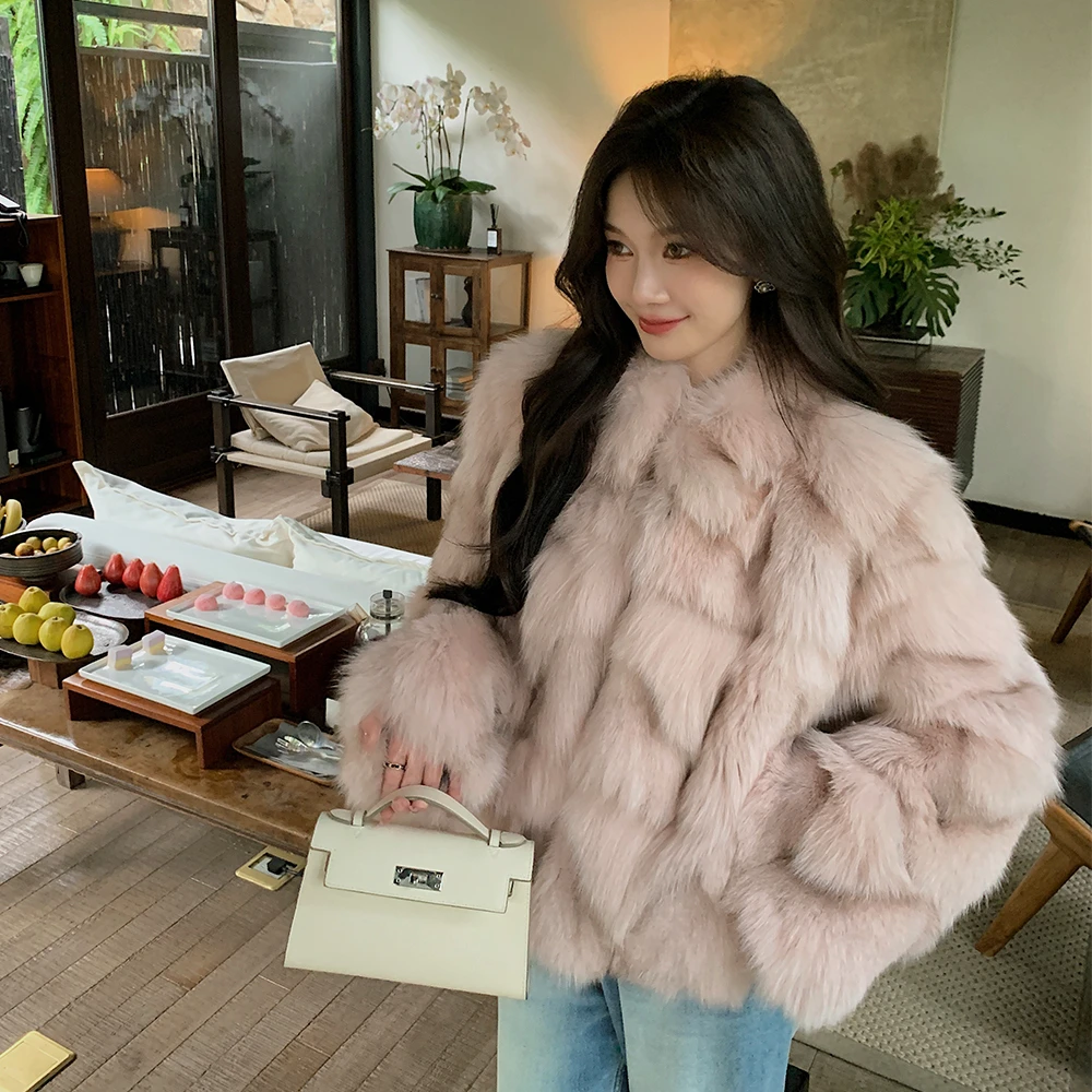 UPFURS进口狐狸毛皮草外套女短款粉色毛毛大衣冬新款年轻款24111