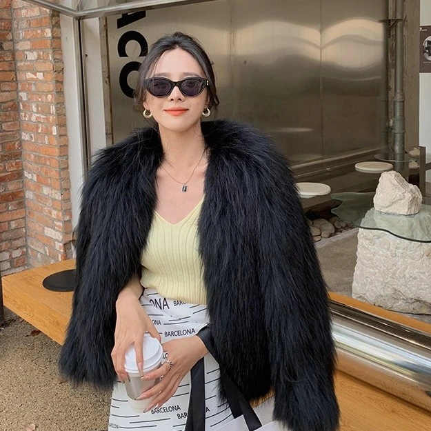 UPFURS加密貉子毛双面编织皮草外套女短款显瘦2025冬季新款656