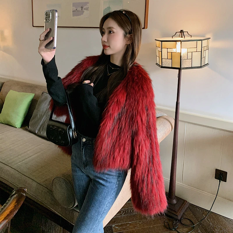 貉子毛双面编织皮草外套女短款高腰小个子年轻款时尚2025冬2159