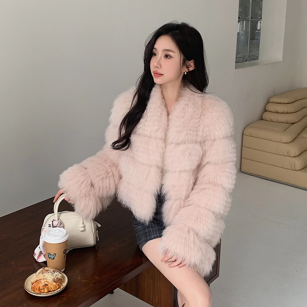 粉色童话狐狸毛皮草外套女短款2025冬新款小个子年轻款大衣24142
