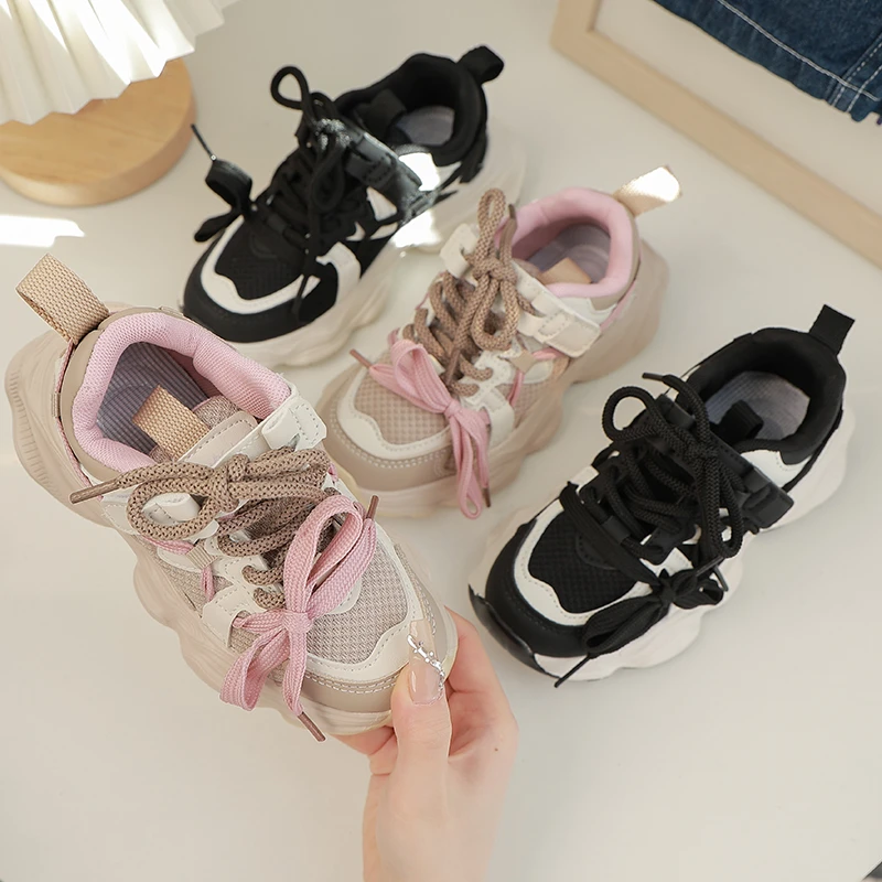 女童韩版蝴蝶结运动网鞋时尚粉色老爹鞋2024春季新款儿童休闲跑鞋