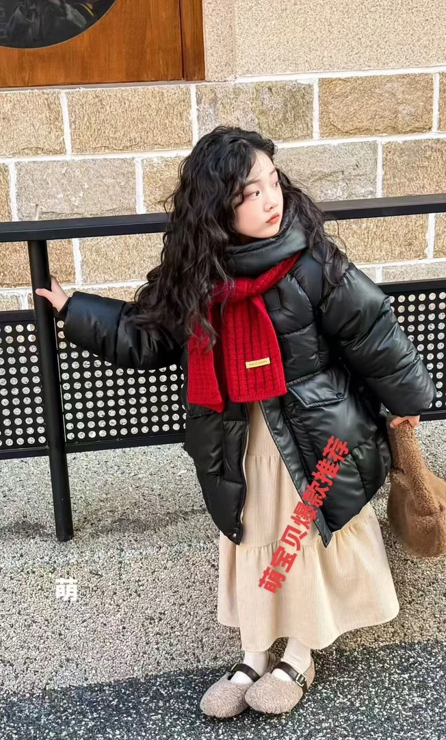 女童韩版加厚棉衣洋气角扣中长款