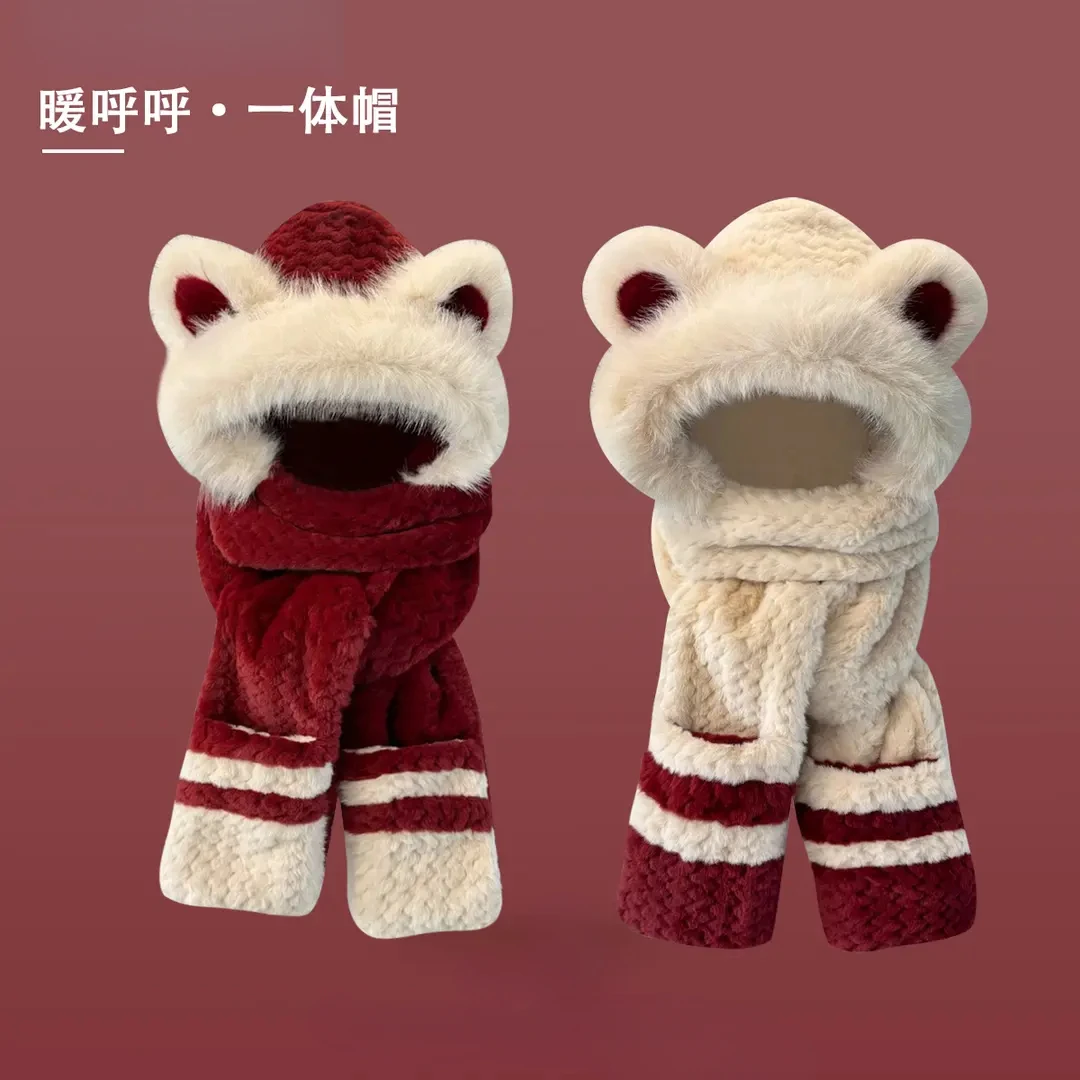 可爱小熊耳朵帽子围巾手套一体防寒保暖女秋冬加厚毛绒骑车帽ttf