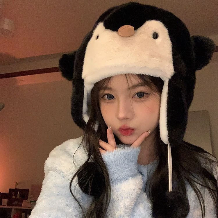 新款毛茸茸可爱企鹅帽子女秋冬季保暖可爱滑雪加厚防寒护耳防风MM