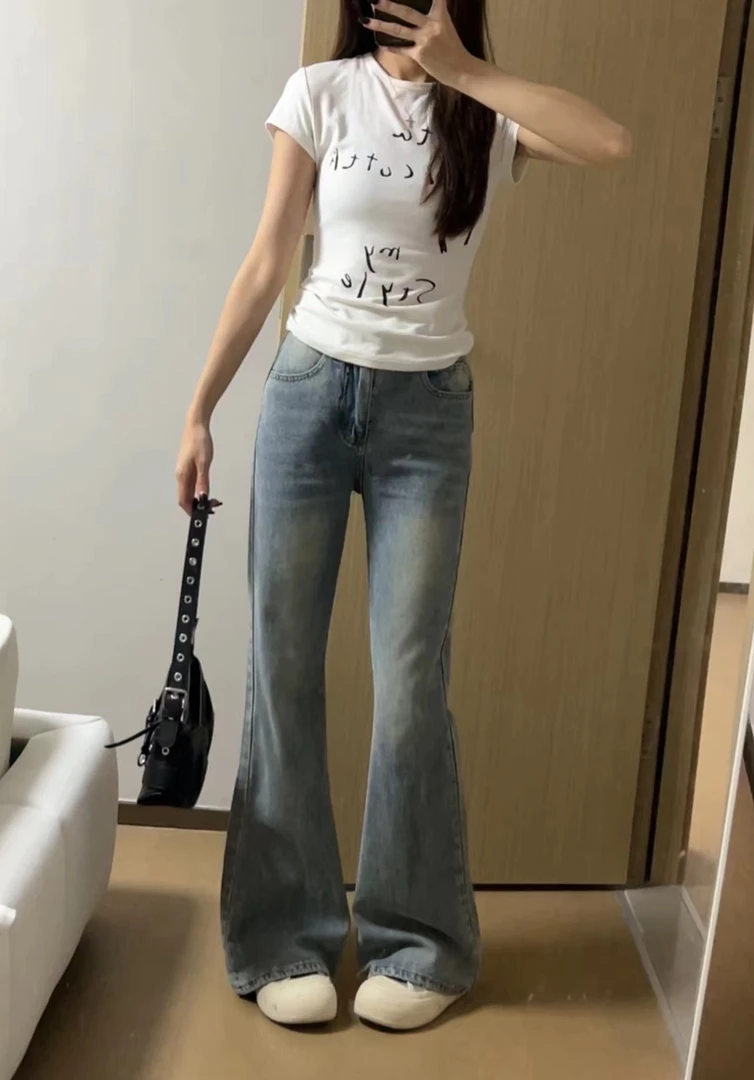 美式复古浅色高腰微喇叭牛仔裤女高腰显瘦宽松直筒拖地阔腿马蹄裤