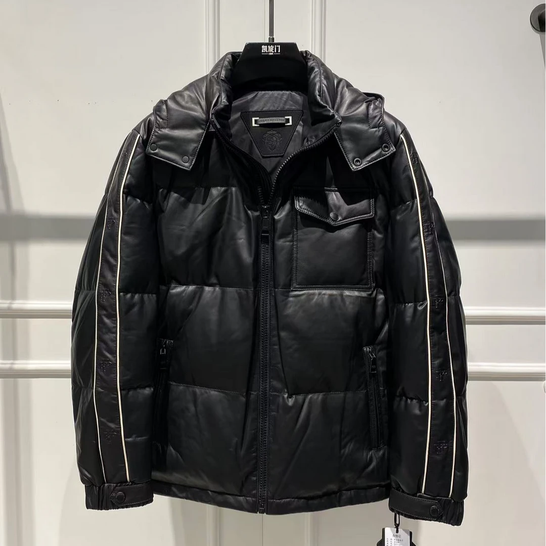 【乔治雷迪尼】欧货秋冬新款男士连帽真皮皮衣外套绵羊皮白鸭绒夹克