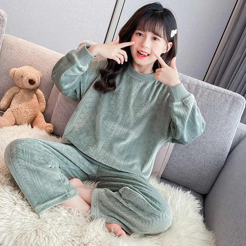 儿童睡衣女孩秋冬季加绒加厚海岛绒家居服6-16中大童公主保暖套装