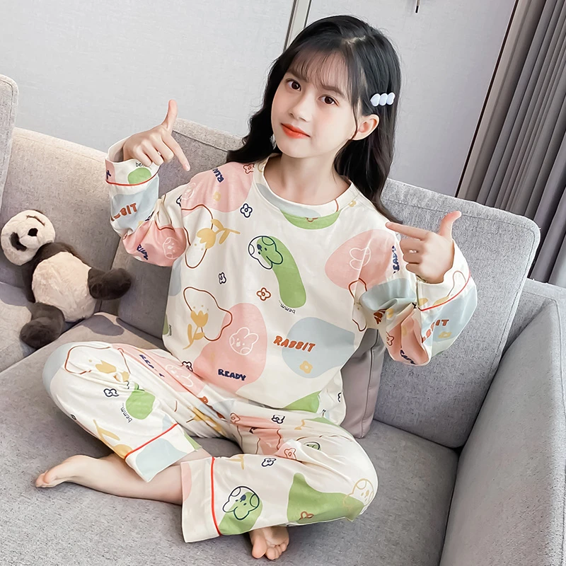 儿童睡衣女孩纯棉家居服2024春季新款网红套装6-16中大童长袖长裤