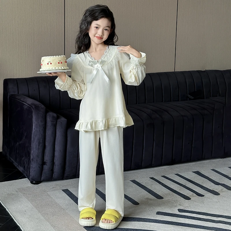 儿童春秋季薄款睡衣女童大童秋款棉长袖公主风家居服套装夏空调服