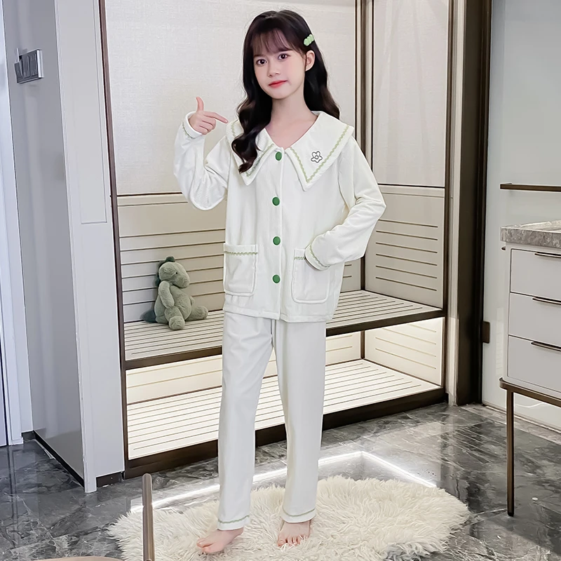 儿童睡衣女孩秋冬季海岛绒加厚款2023中大童公主风家居服保暖套装