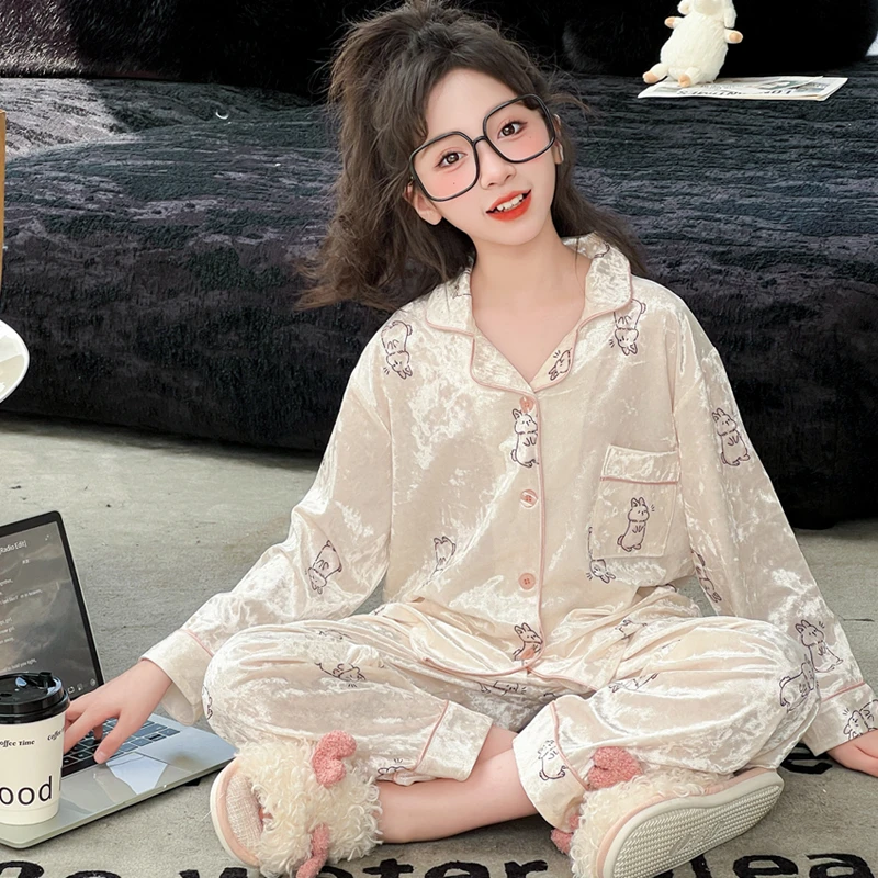 女童金丝绒春秋季睡衣2024新款儿童家居服套装女孩长袖薄款空调服