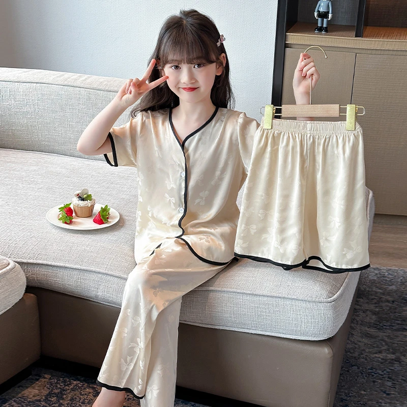 夏季薄款儿童冰丝睡衣女大童家居服女孩高级感短袖空调服三件套装