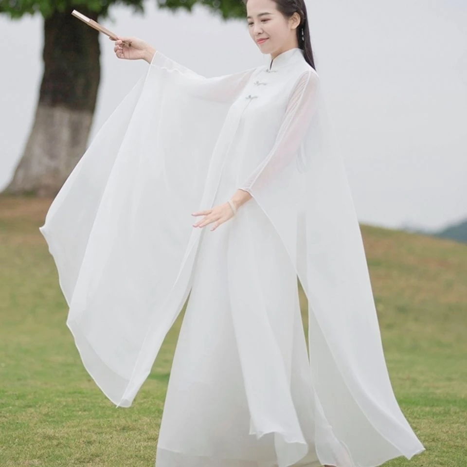 新款白色禅意裙新中式国风女装夏季飘逸仙气旗袍外披风连衣裙茶服