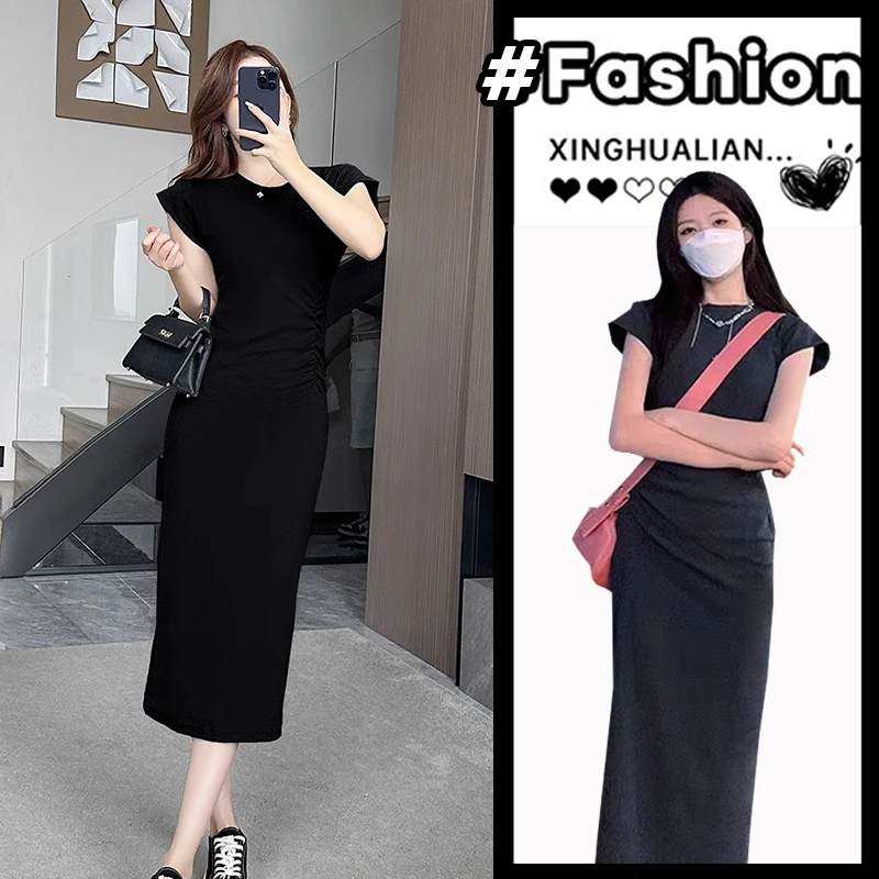 春季韩国chic风圆领抽褶连衣裙气质长款修身裙子遮肉夏季连衣裙