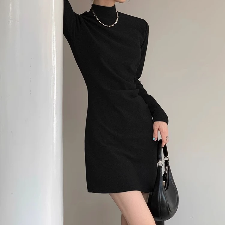 韩版性感半高领包臀裙女秋冬季配大衣内搭加绒打底裙褶皱连衣裙