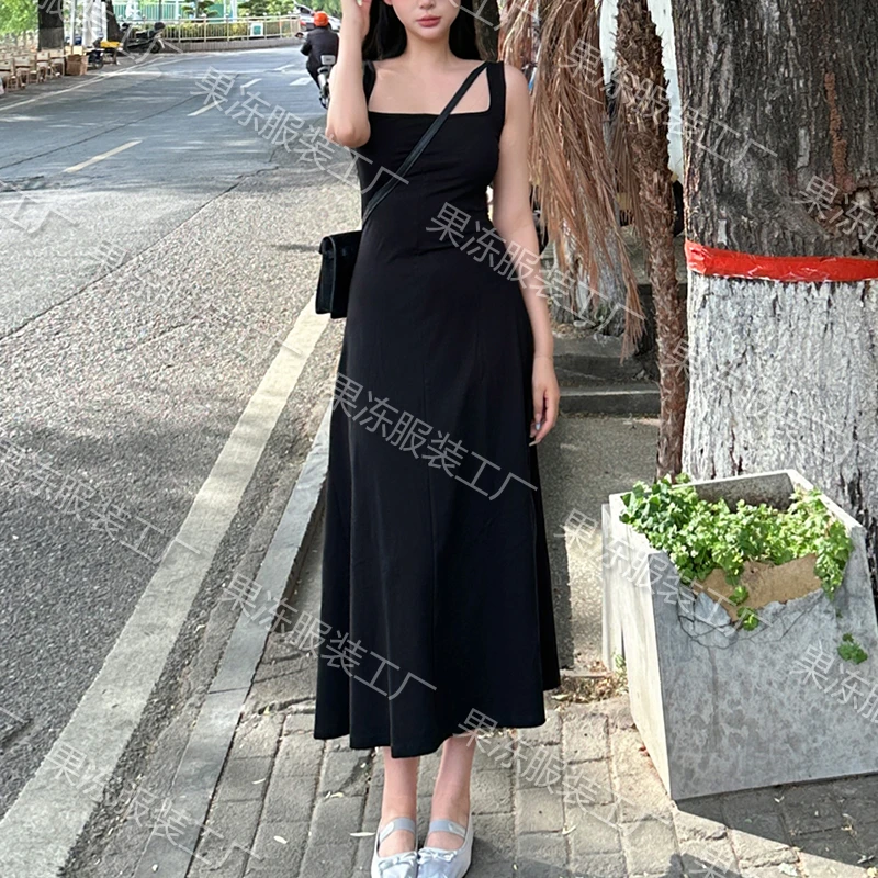 欧美背心少女连衣裙女长款裙小个子修身拖地长裙包臀裙吊带小黑裙